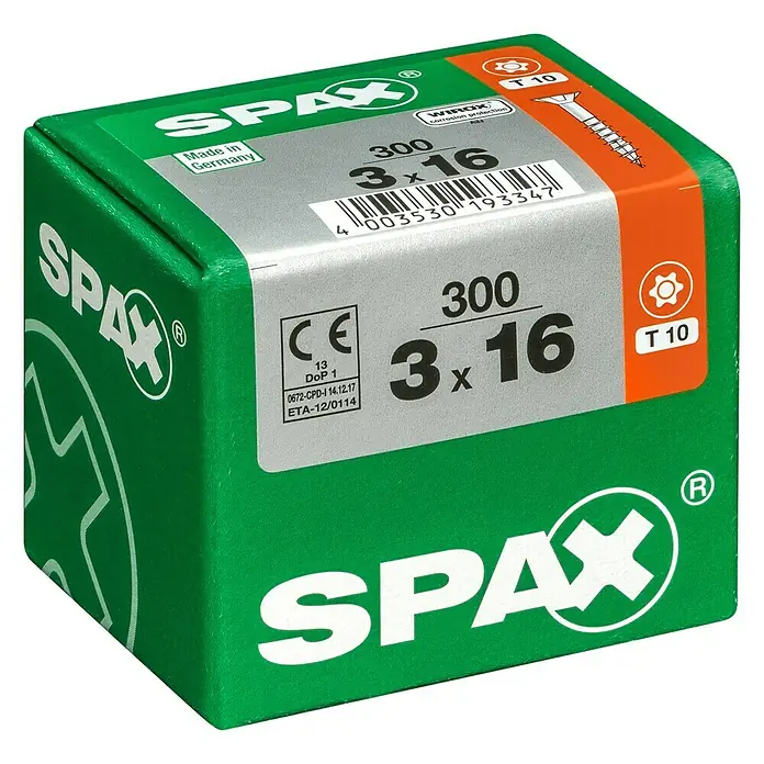 Spax Universalschraube T-Star plus - Ø x L: 3 x 16 mm, WIROX Oberfläche, T-Star plus, 300 Stk. - Abbildung einer grünen Spax-Schraubenbox 3x16 mit orangem Akzent und Schraubensymbol.