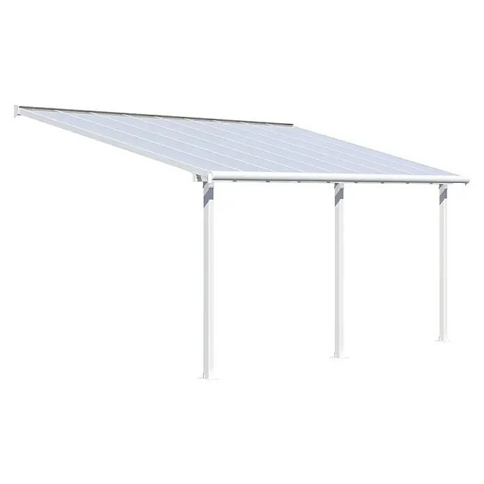 Palram – Canopia Terrassenüberdachung Olympia - B x T: 546 x 300 cm, Verkehrsweiß, Polycarbonat, Transparent - Das Bild zeigt ein modernes, freistehendes Carport mit einem transparenten Dach und weißen Stützpfosten. Ideal für den Schutz Ihres Autos vor Wettereinflüssen.