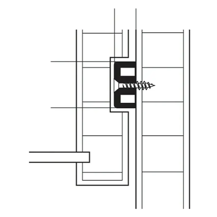Suki Guía para cajones - Longitud de instalación: 285 mm, Plástico - Vista detallada de un tornillo que asegura un componente de construcción. El diseño ilustra la unión segura de los materiales.