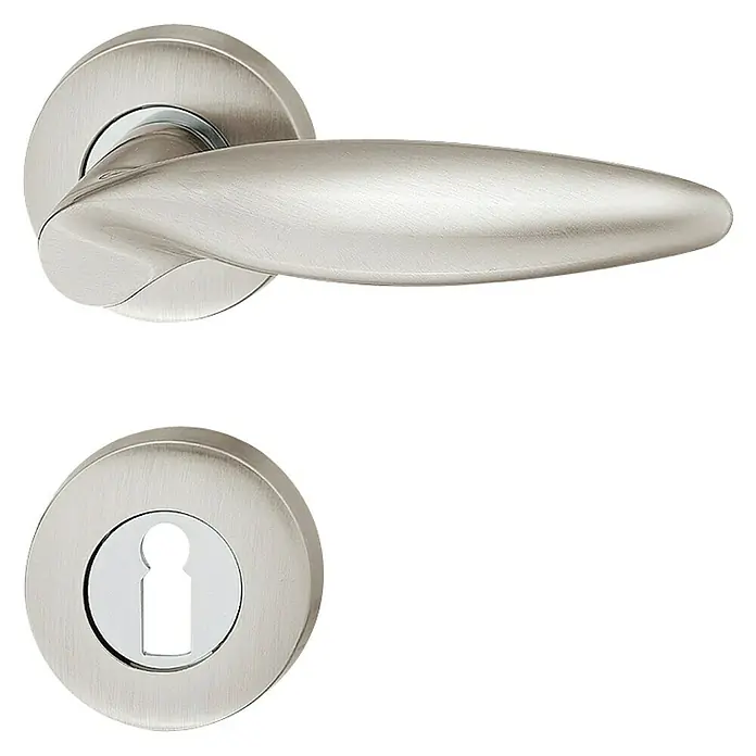 Drückergarnitur Matt - Verchromt - Elegante Türgarnitur aus gebürstetem Edelstahl, bestehend aus einem Türgriff und einer Schlüsselrosette. Perfekt für moderne Inneneinrichtungen.