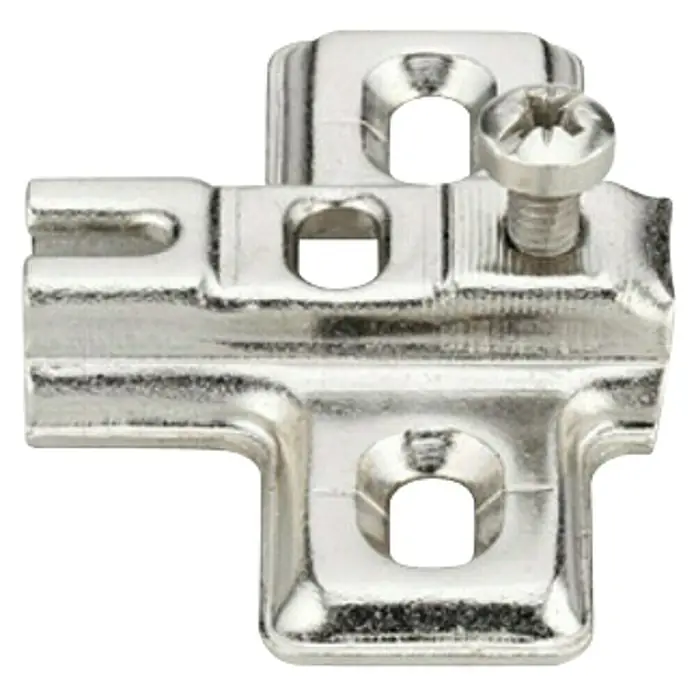 Suki Placa de montaje - Apto para: Tope medio, 26 mm - Primer plano de una placa de montaje niquelada con un tornillo utilizado para fijar las bisagras de los muebles.