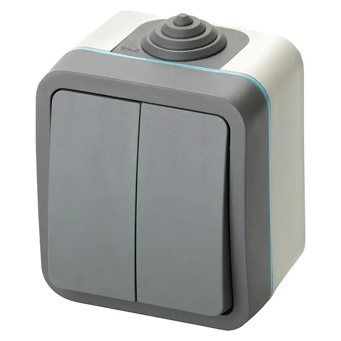 Voltomat Blueline Feuchtraum-Serienschalter - Grau, Aufputzmontage, IP54 - Wasserdichter grauer Doppel-Lichtschalter, ideal für den Außenbereich oder Feuchträume, garantiert sichere Bedienung.