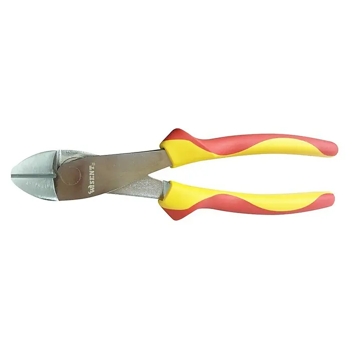 Wisent Seitenschneider - Länge: 20 cm - Eine Nahaufnahme einer Seitenschneiderzange mit gelb-roten Griffen, die für präzise Schneidarbeiten konzipiert ist.