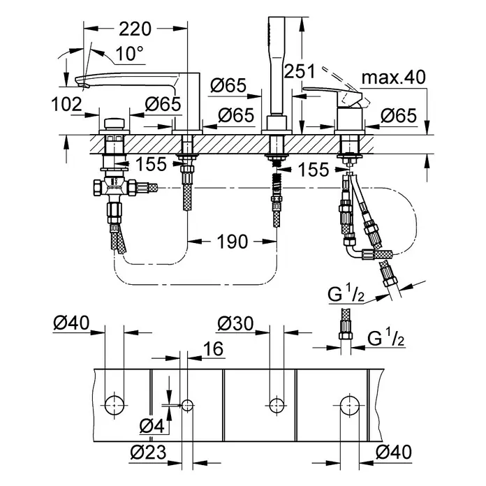 Grohe Eurostyle Badewannenrandarmatur - Chrom, Glänzend - Eine detaillierte Schemazeichnung einer Armatur mit allen Maßen, einschließlich Durchmesser und Abstände, für Installationszwecke.