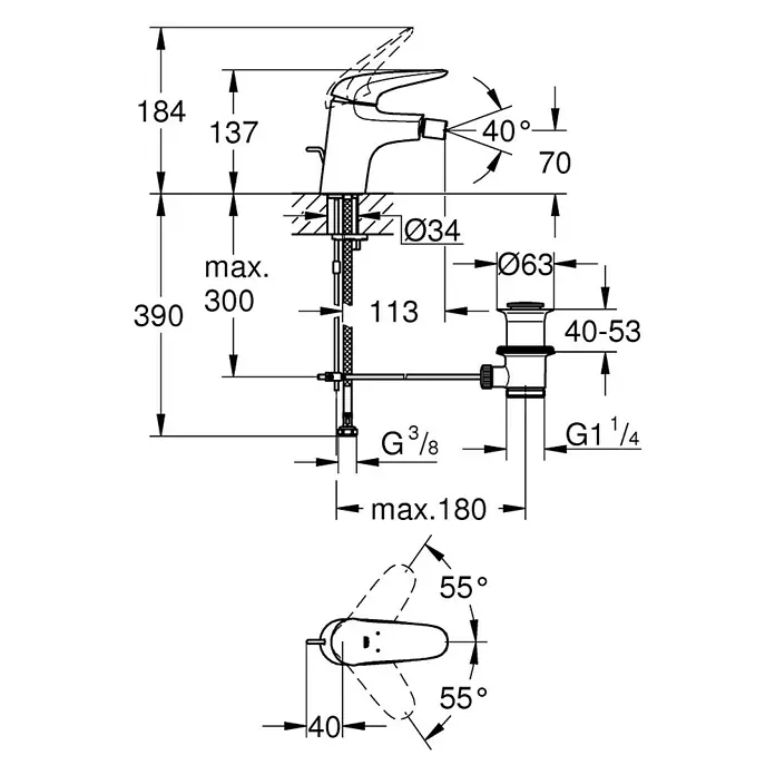 Grohe Eurostyle Solid Bidetarmatur S-Size - Chrom, Glänzend - Detaillierte technische Zeichnung eines Wasserhahns mit allen Maßen und Winkeln für die Installation.