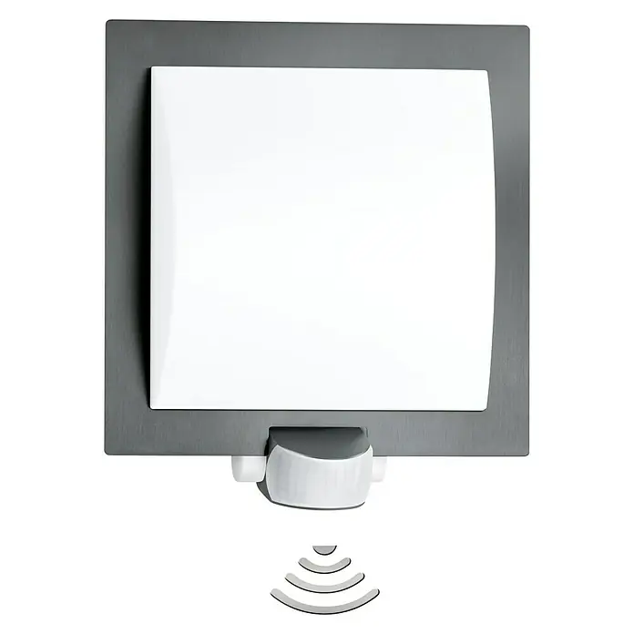 Steinel Sensor-Außenleuchte L 20 S anthrazit - 60 W, 8 x 24 x 23 cm, Anthrazit/Weiß, IP44 - Ein Sensor zur automatischen Steuerung, eingebaut in eine graue quadratische Platte mit einem weißen Element und darunter die Sensormarkierung.