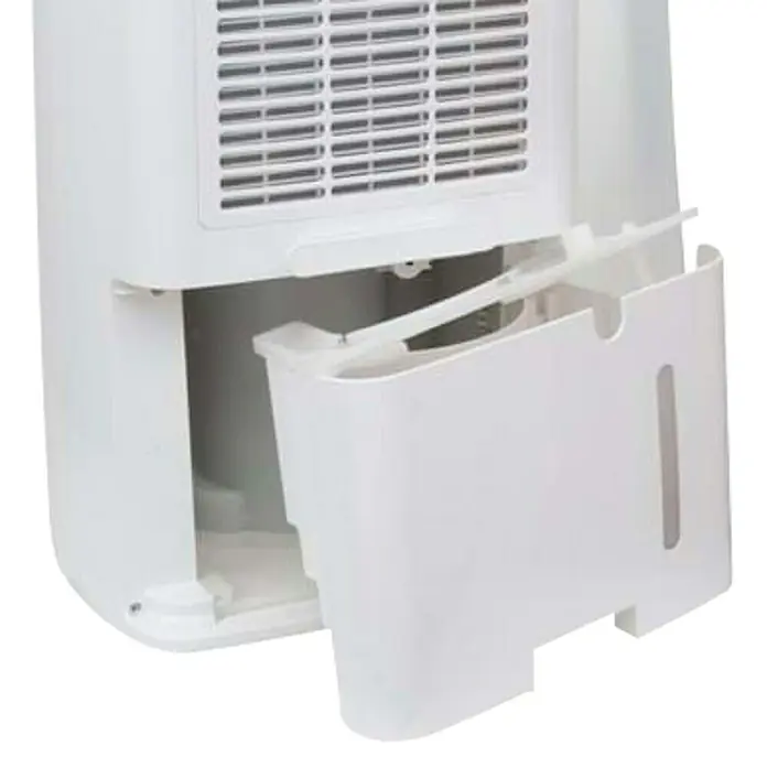 Qlima Deshumidificador eléctrico con ionizador D 610 - Potencia de deshumidificación: 10 l/día, L x An x Al: 190 x 290 x 478 mm, Blanco - Primer plano de un deshumidificador con un tanque de agua extraído, que muestra la funcionalidad del aparato.