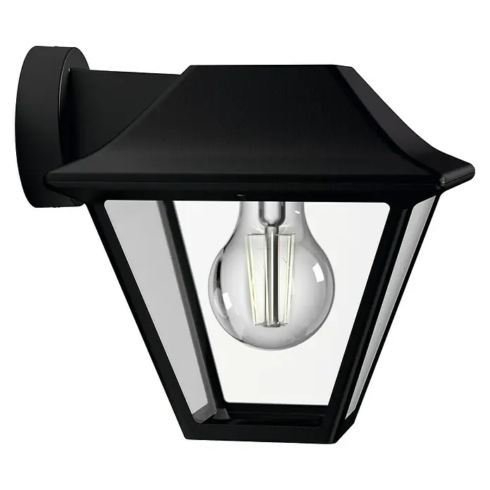 Philips Alpenglow Aplique exterior - 60 W, 17,4 x 20 x 17,9 cm, Negro, IP44 - Una lámpara de pared exterior negra con una bombilla transparente en el interior.