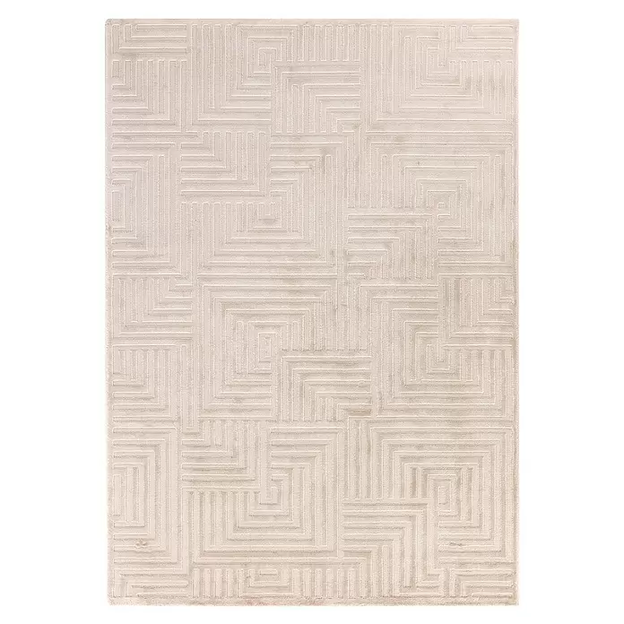 Kurzflorteppich Sahara III - Beige, 170 x 120 cm, 100 % Polypropylen - Hellbeiger Teppich mit geprägtem geometrischem Labyrinthmuster.