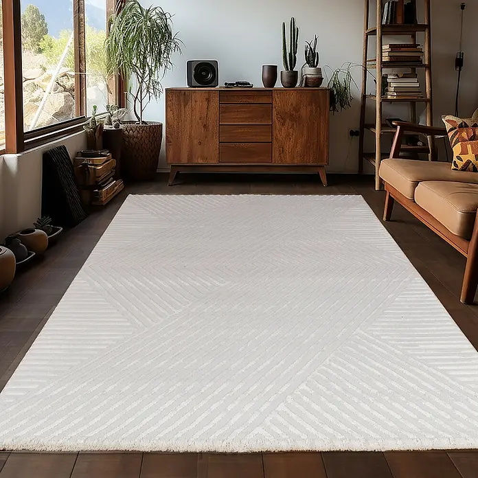 Kurzflorteppich Sahara IV - Creme, 230 x 160 cm, 100 % Polypropylen - Moderner, weißer Teppich mit geometrischem Muster, der jedem Raum einen Hauch von Eleganz verleiht und für ein gemütliches Ambiente sorgt.