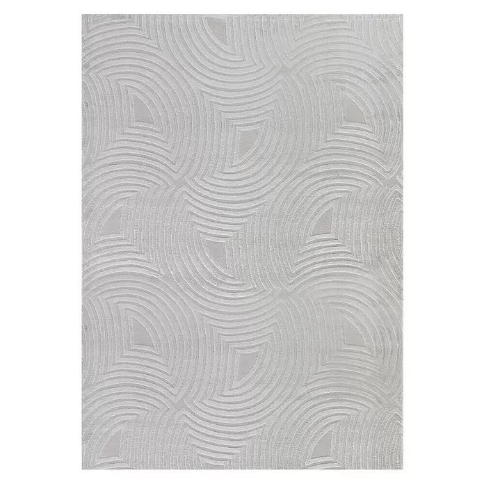 Kurzflorteppich Sahara II - Silber, 170 x 120 cm, 100 % Polypropylen - Hellgrauer texturierter Teppich mit geometrischem Muster aus konzentrischen Bögen.