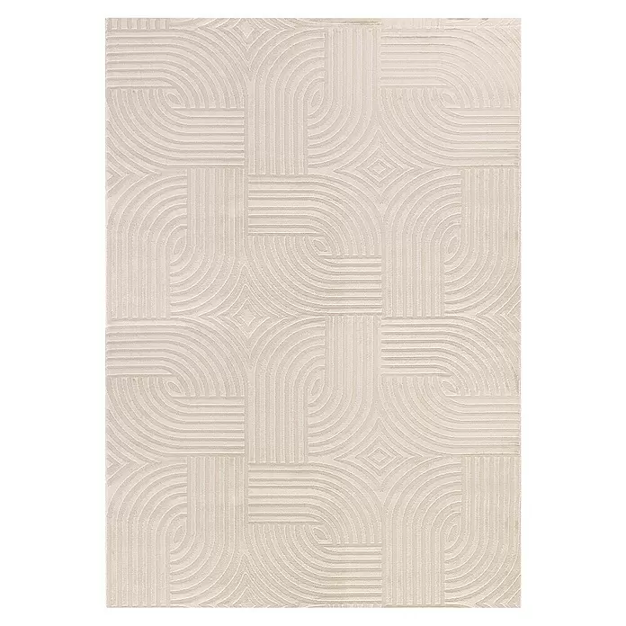 Kurzflorteppich Sahara I - Beige, 250 x 80 cm, 100 % Polypropylen - Heller beiger Teppich mit strukturiertem, abstrakt-geometrischem Muster aus gekrümmten und geraden Linien.