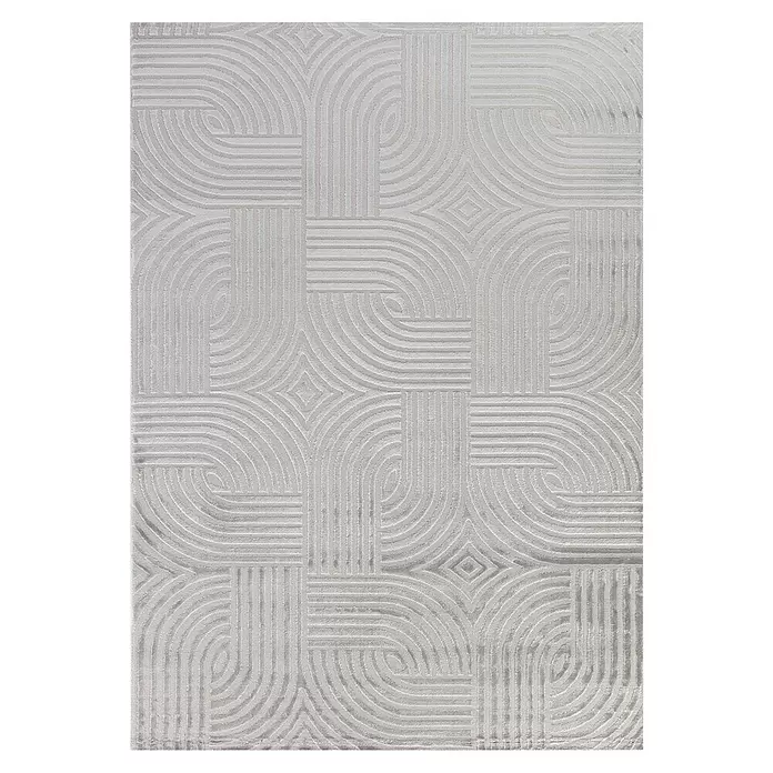Kurzflorteppich Sahara I - Silber, 250 x 80 cm, 100 % Polypropylen - Hellgrauer Teppich mit einem strukturierten, geometrischen Muster aus Bögen und Linien.