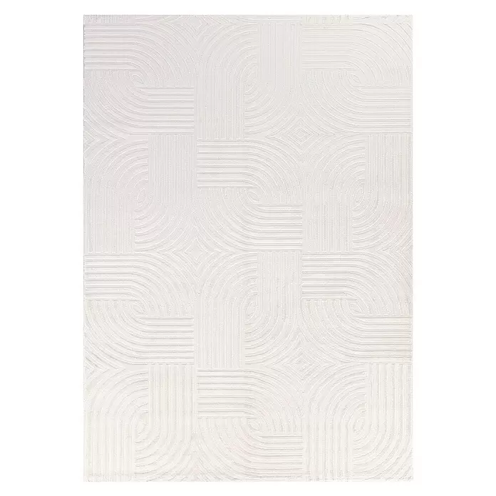 Kurzflorteppich Sahara I - Creme, 250 x 80 cm, 100 % Polypropylen - Weißer Teppich mit subtilem geometrischem Muster aus ineinandergreifenden Kurven und geraden Linien.