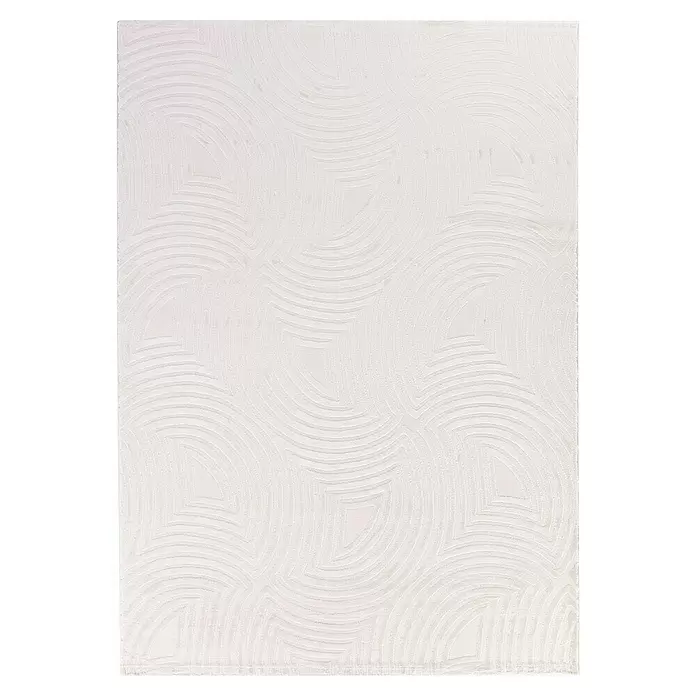 Kurzflorteppich Sahara II - Creme, 150 x 80 cm, 100 % Polypropylen - Weißes strukturiertes Material mit subtilem Prägemuster aus konzentrischen Bögen und geometrischen Formen.