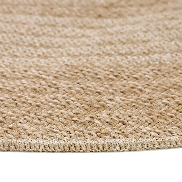 Outdoor-Teppich Comilla I - Beige, Durchmesser: 80 cm, 100 % Polypropylen - Nahaufnahme eines runden Teppichs aus Jute mit einer sichtbaren Webstruktur und einer sauberen, hellen Kante.