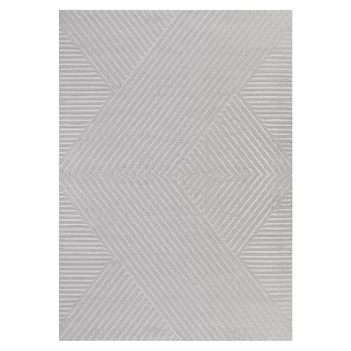 Kurzflorteppich Sahara IV - Silber, 370 x 280 cm, 100 % Polypropylen - Hellgrauer, strukturierter Teppich mit geometrischem Muster aus sich kreuzenden Streifenlinien, die Rauten und Dreiecke bilden.
