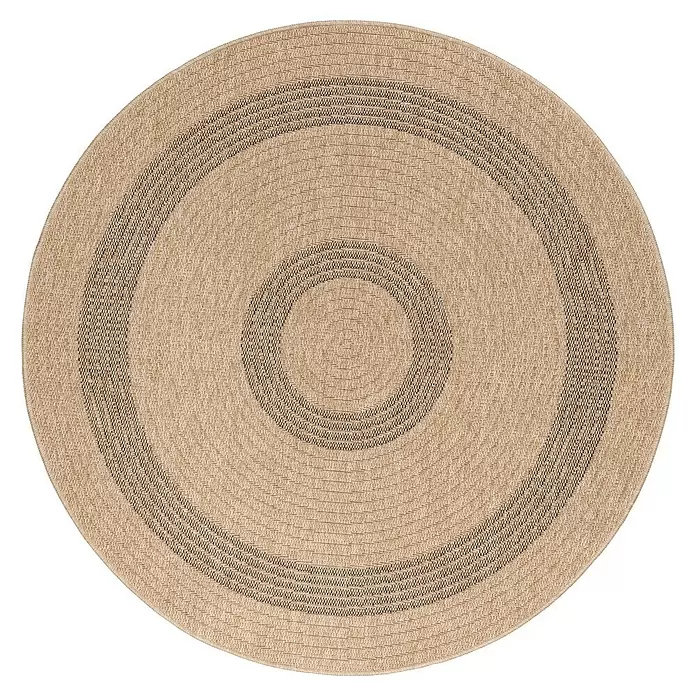 Outdoor-Teppich Comilla I - Schwarz, Durchmesser: 80 cm, 100 % Polypropylen - Beiger runder Teppich aus Naturfasern mit konzentrischen schwarzen Streifen.