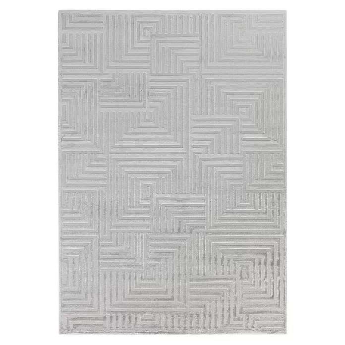 Kurzflorteppich Sahara III - Silber, 170 x 120 cm, 100 % Polypropylen - Hellgrauer Teppich mit texturiertem, geometrischem Labyrinthmuster.