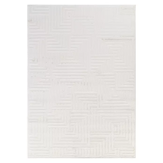 Kurzflorteppich Sahara III - Creme, 170 x 120 cm, 100 % Polypropylen - Weißer Teppich mit erhabenem geometrischem Labyrinthmuster.