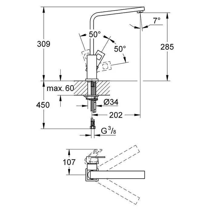 Grohe Eurocube Spültischarmatur - Edelstahl, Matt - Technische Zeichnung einer Armatur mit Bemaßung, die die Höhe, Ausladung und andere Details zeigt.