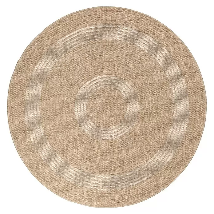 Outdoor-Teppich Comilla I - Beige, Durchmesser: 80 cm, 100 % Polypropylen - Runder beigefarbener gewebter Teppich mit konzentrischen Mustern.