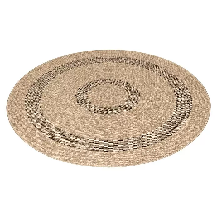 Outdoor-Teppich Comilla I - Schwarz, Durchmesser: 80 cm, 100 % Polypropylen - Runder gewebter Teppich in Beige mit dunklen konzentrischen Kreisen.
