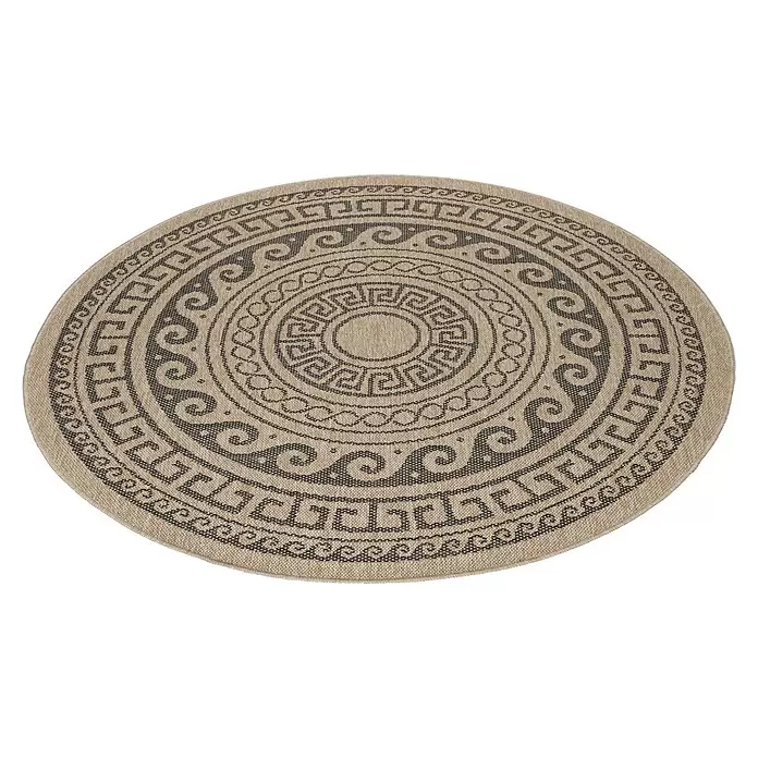 Outdoor-Teppich Comilla II - Schwarz, Durchmesser: 200 cm, 100 % Polypropylen - Runder Webteppich in Beige mit dunklen geometrischen Mustern. Griechische Mäander und Wirbel.