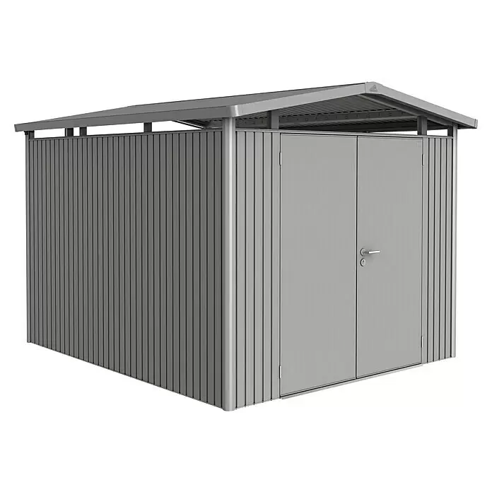Biohort Panorama Gerätehaus P5 - Außenmaß inkl. Dachüberstand (B x T): 273 x 318 cm, Stahl, Quarzgrau Metallic, Doppeltür - Grauer Metall-Gartenschuppen mit Pultdach und Doppeltüren.