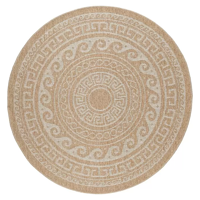 Outdoor-Teppich Comilla II - Beige, Durchmesser: 160 cm, 100 % Polypropylen - Runder beiger Teppich mit kreisförmigen griechischen Mäander- und Wellenmustern.