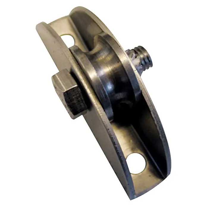 Umlenkrolle - Passend für: Schwenkgrills - Nahaufnahme einer metallischen Umlenkrolle mit Befestigungsschraube, ideal für Seilwinden und andere Zugsysteme.