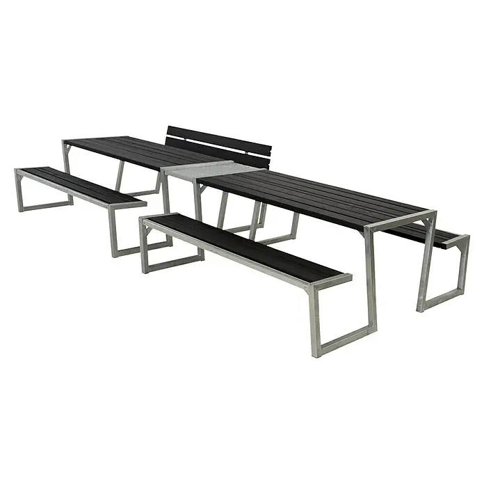 Plus Picknicktisch Zigma - 6 -tlg., Schwarz/Silber, Mit Rückenlehne - Das Bild zeigt eine moderne Picknicktischgarnitur mit silbernen Metallgestellen und schwarzen Holzsitzen/Tischplatten.