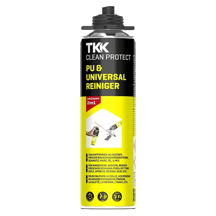 Universalreiniger PU-Schaum - 500 ml - Schwarze und gelbe TKK Clean Protect PU & Universal Reiniger Sprühdose mit 2-in-1-Sprühkopf für Klebstoffe, Schaum, Schmutz und Öl.