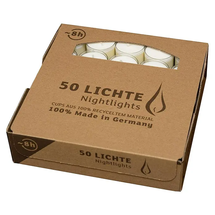 Teelichter Nightlights - 50 Stk., Weiß - Eine Packung mit 50 Teelichtern, hergestellt in Deutschland aus 100% recyceltem Material mit einer Brenndauer von ca. 8 Stunden.