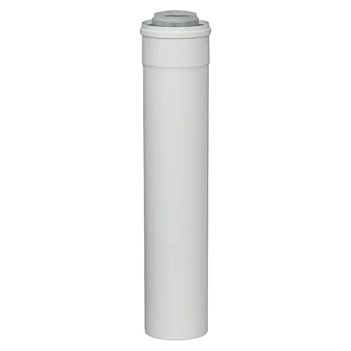 Practic Empalme para tubo coaxial Condensación - 100 cm, Blanco - Primer plano de una carcasa de filtro de agua de plástico, ideal para agua potable limpia y fácil instalación.