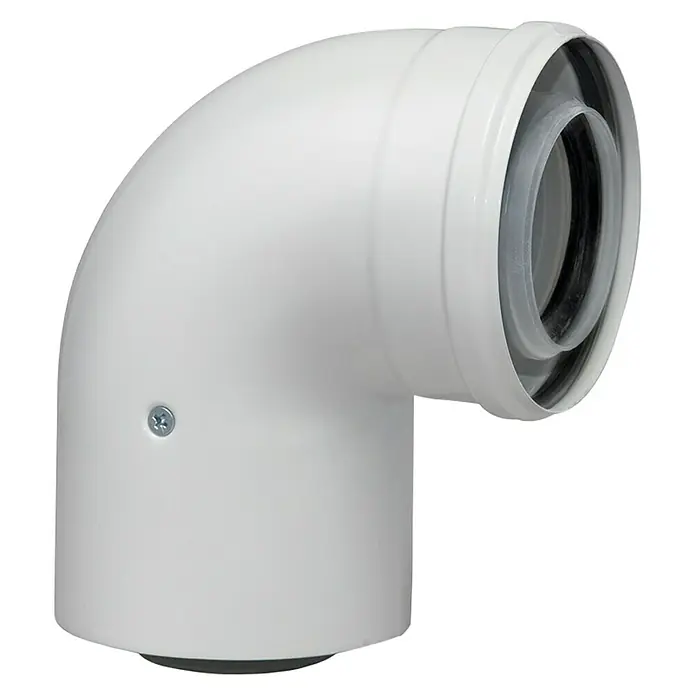 Practic Codo coaxial 87º - Diámetro: 60 mm - Primer plano de un codo de tubo de plástico blanco con un sello, utilizado para instalaciones de fontanería.