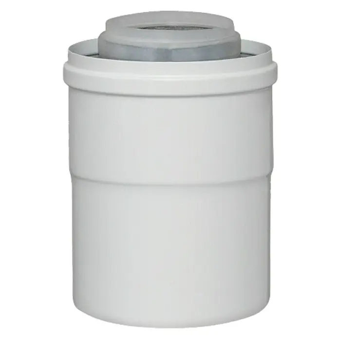 Practic Empalme para tubo coaxial Condensación - Largo: 25 cm, Blanco - Primer plano de una carcasa de filtro de agua blanca con una parte superior de filtro gris. Para agua potable limpia en el hogar.