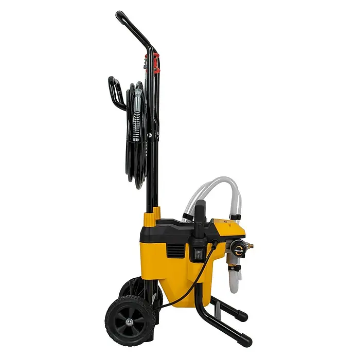 Vito Sistema de pulverización de pintura VIMPA850 - 850 W, Caudal: 1,1 l/min - Un carro rociador de pintura amarillo con ruedas y manijas negras, sobre un fondo negro.