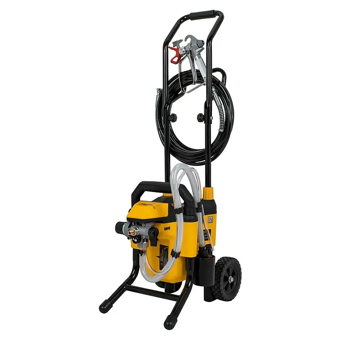 Vito Sistema de pulverización de pintura VIMPA850 - 850 W, Caudal: 1,1 l/min - Imagen de una Wagner Pro SprayStation amarilla y negra con pistola de pintura y enrollador de manguera sobre un carro con ruedas.
