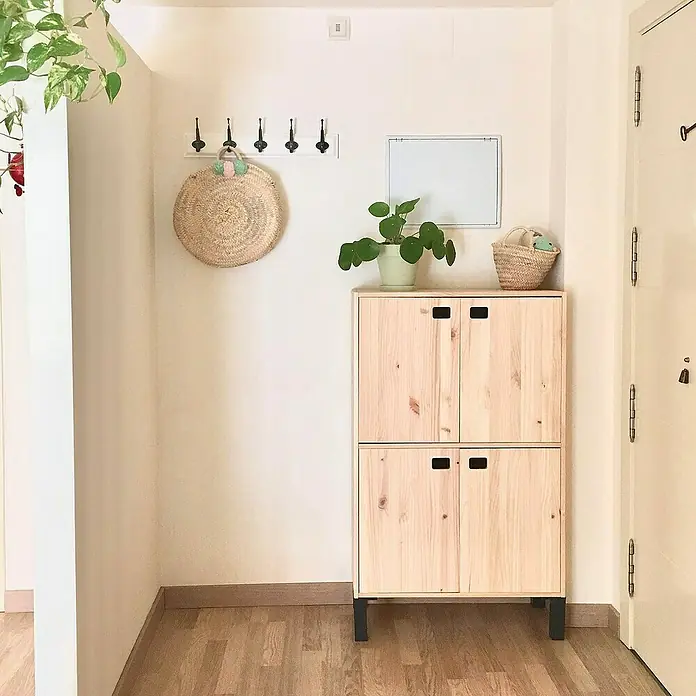 Astigarraga Dinamic Holz-Mehrzweckschrank - L x B x H: 33 x 70,8 x 105,4 cm, Holz - Ein heller Flur mit einer Kommode aus Kiefernholz, Hakenleiste und Zimmerpflanzen für eine einladende Atmosphäre.