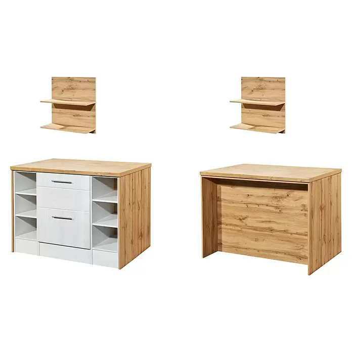 Respekta Inselküche Anton - Breite: 280 cm, Lärche Weiß Nachbildung, Mit Elektrogeräten - Holzkücheninsel mit weißen Schubladen und Regalen, sowie passende Wandregale.