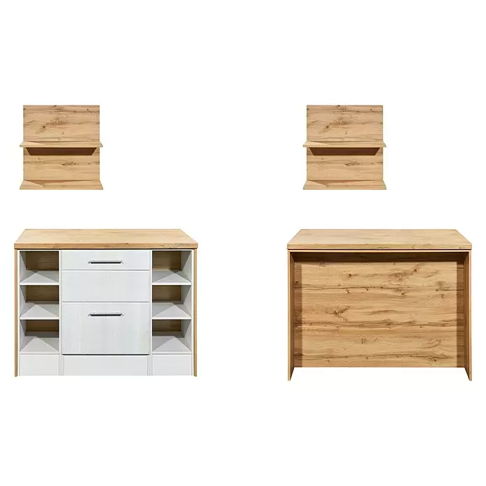 Respekta Inselküche Anton Insel - B x L: 124 x 90 cm, Lärche Weiß Nachbildung, Ohne Elektrogeräte - Modulares Möbelset aus hellem Holz und Weiß: zwei Wandregale, eine Kommode mit offenen Fächern und ein Beistelltisch.