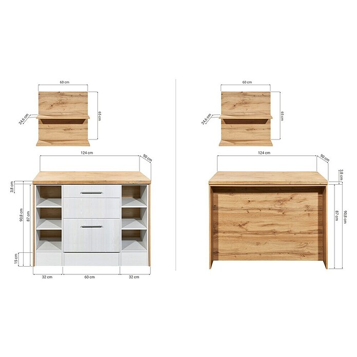Respekta Inselküche Anton Insel (B x L: 124 x 90 cm, Lärche Weiß Nachbildung, Ohne Elektrogeräte) | BAUHAUS