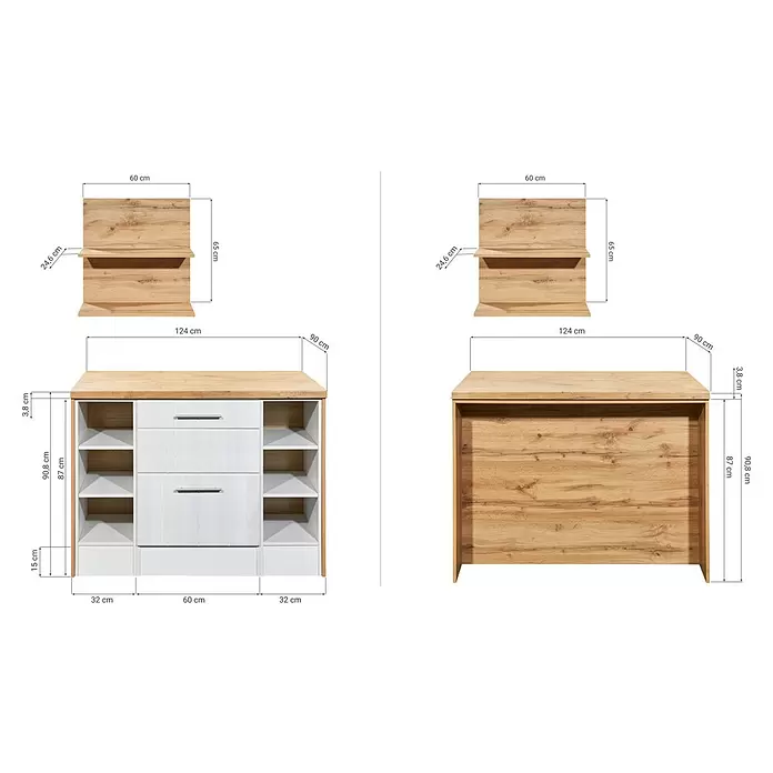 Respekta Inselküche Anton Insel - B x L: 124 x 90 cm, Lärche Weiß Nachbildung, Ohne Elektrogeräte - Hölzernes Sideboard mit weißen Schubladen und offenen Fächern, inklusive Wandregal und ausziehbarer Tischplatte.