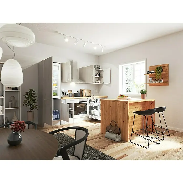Respekta Inselküche Anton - Breite: 280 cm, Lärche Weiß Nachbildung, Mit Elektrogeräten - Ein moderner Küchenraum mit einer Kücheninsel aus Holz, stilvollen Barhockern und eingebauten Geräten, die ein einladendes Ambiente schaffen.