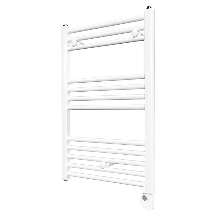 Rointe Radiador toallero eléctrico Elba SRT - An x Al: 50 x 77 cm, 300 W, Blanco - Un toallero blanco moderno con múltiples barras horizontales y un panel de control en la parte inferior.