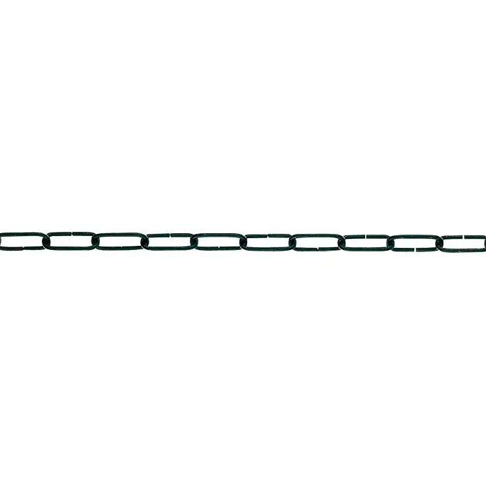 Zierkette Meterware - Durchmesser: 2,2 mm, Schwarz - Ein detailliertes Bild einer grünen Gliederkette, die sich horizontal über den Rahmen erstreckt und ihre robusten Verbindungen hervorhebt.