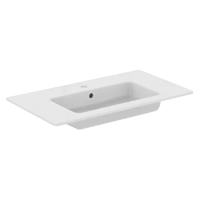 Ideal Standard Eurovit Badmöbel-Set + - 81,5 cm, Hamilton Eiche - Weißes, rechteckiges Keramikwaschbecken mit einem Hahnloch und Überlauf.