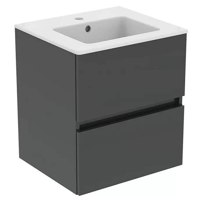 Ideal Standard Eurovit Badmöbel-Set + - 51 cm, Grau - Dunkelgrauer Waschtischunterschrank mit zwei Schubladen und weißem Keramikwaschbecken.