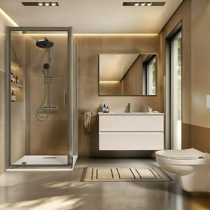 Ideal Standard Eurovit Badmöbel-Set + - 81,5 cm, Weiß - Das Bild zeigt ein modernes Badezimmer mit einer Duschkabine, einem Waschbeckenunterschrank und einer Toilette. Helle Farben und indirekte Beleuchtung.